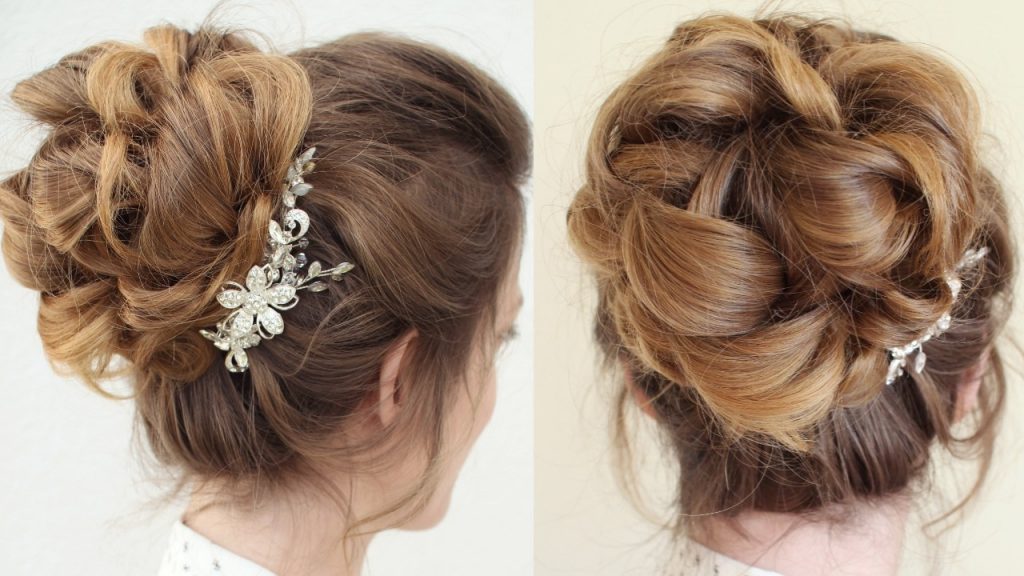 Textured bun built from pre-curled sections and pinned at the nape