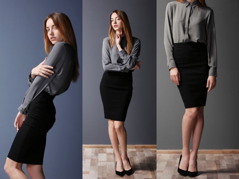 black tucked-in shirts with skirts