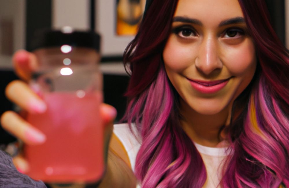 a woman holding a pink drink