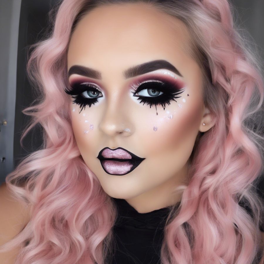 witchy woman with black eyeshadow and pink glitter lips