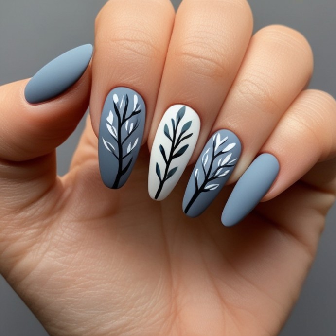 beautiful branches on dusky blue nails