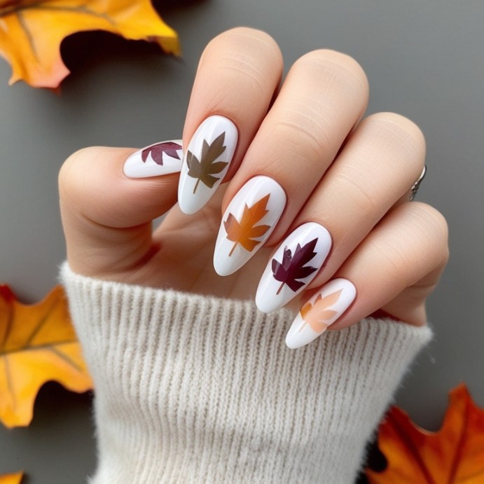 cute leaf decals on neutral nails