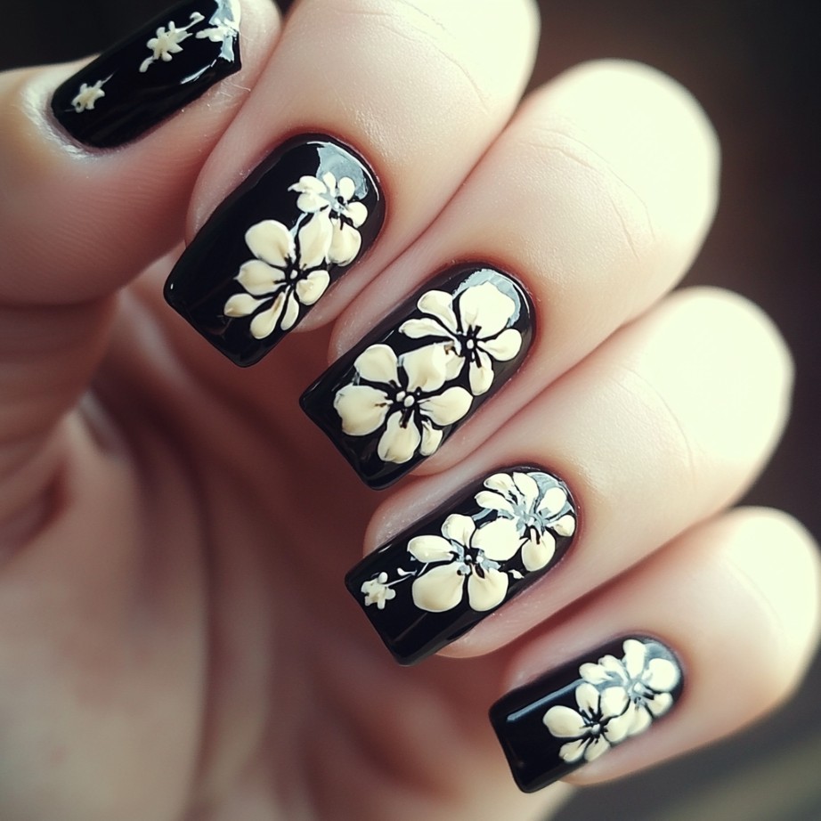 white florals on black nails