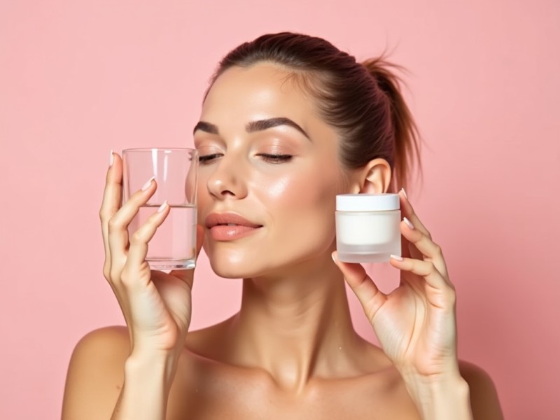 woman holding a glass of water in one hand and holding a face cream on the other hand to prevent summer acne