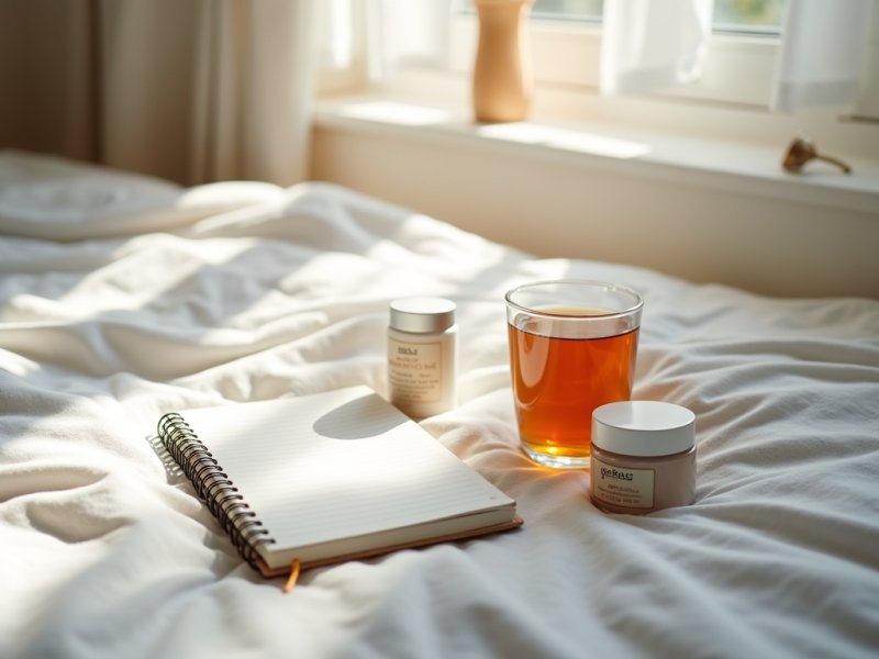 Flat lay of a calm morning setup: journal, cup of tea, skincare products, sunlight spilling on a soft bed.