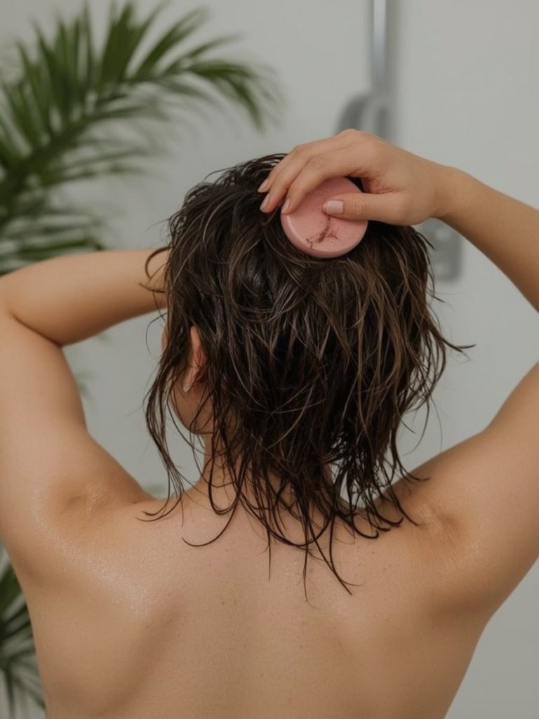 woman using a solid shampoo bar on her hair was a waterless skincare product