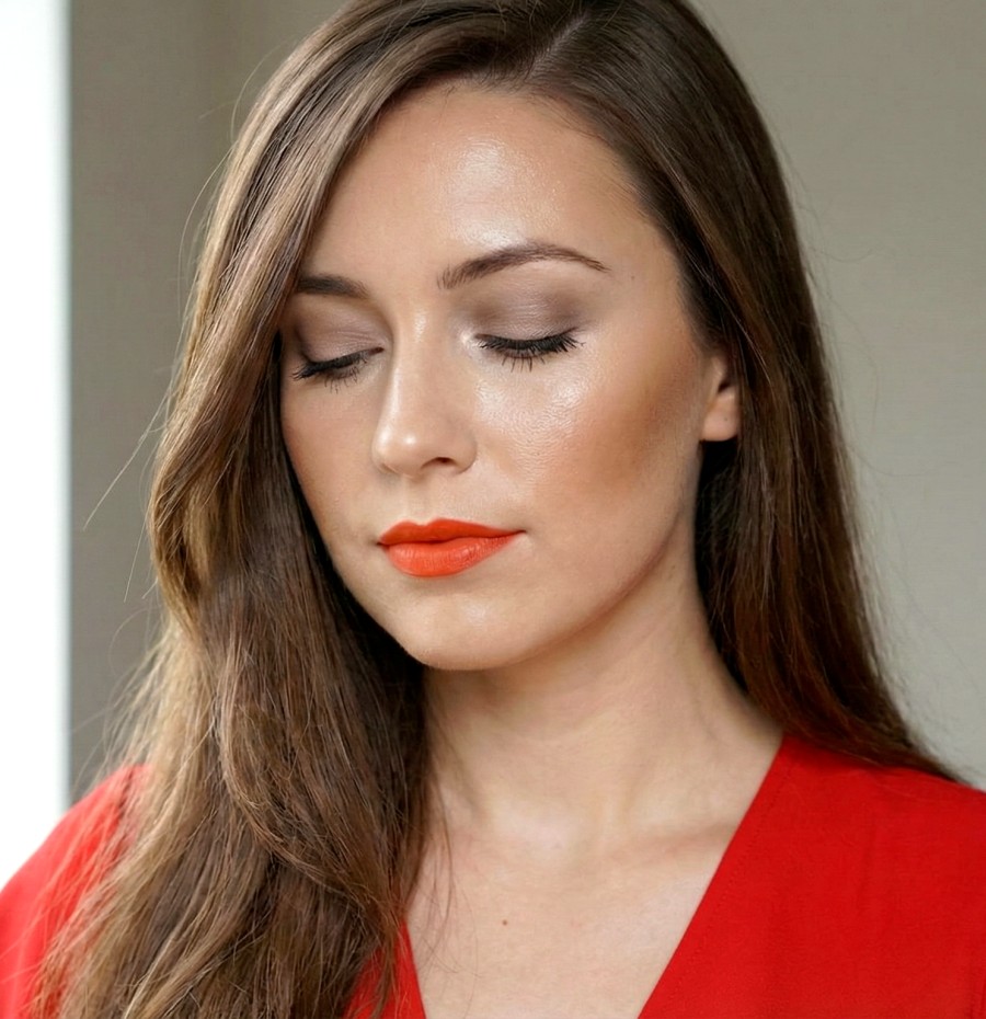 orange lipstick on red dress