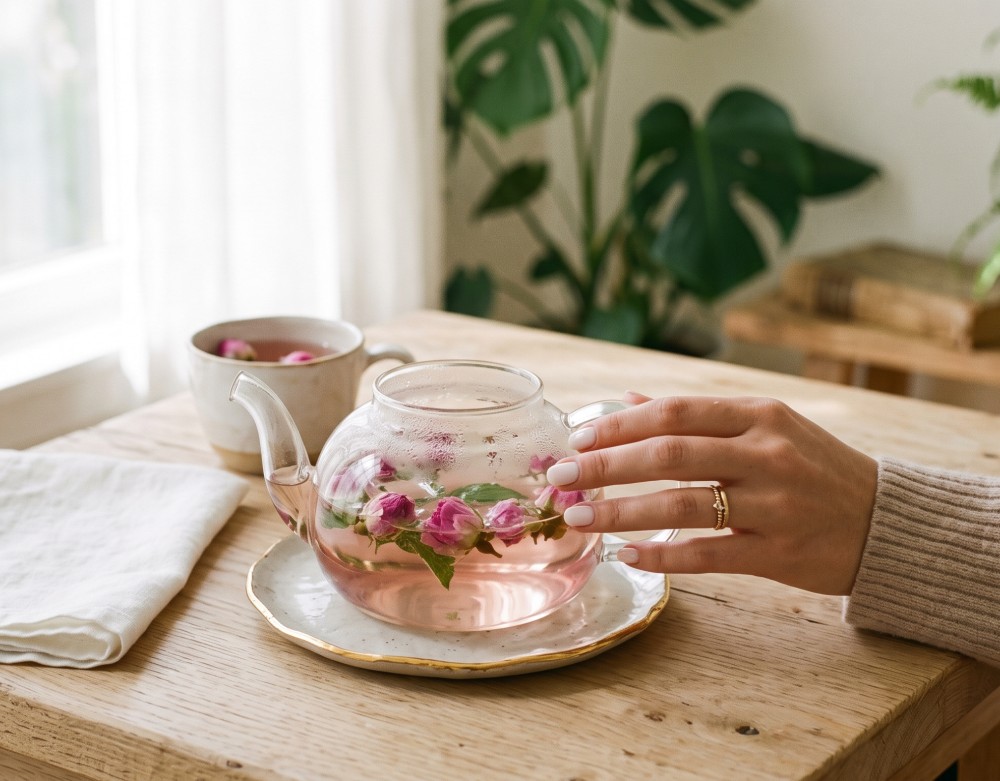 A close-up of a woman's hand resting lightly on the handle of a clear glass teapot filled with pale pink rosebud tea and a few delicate mint leaves.