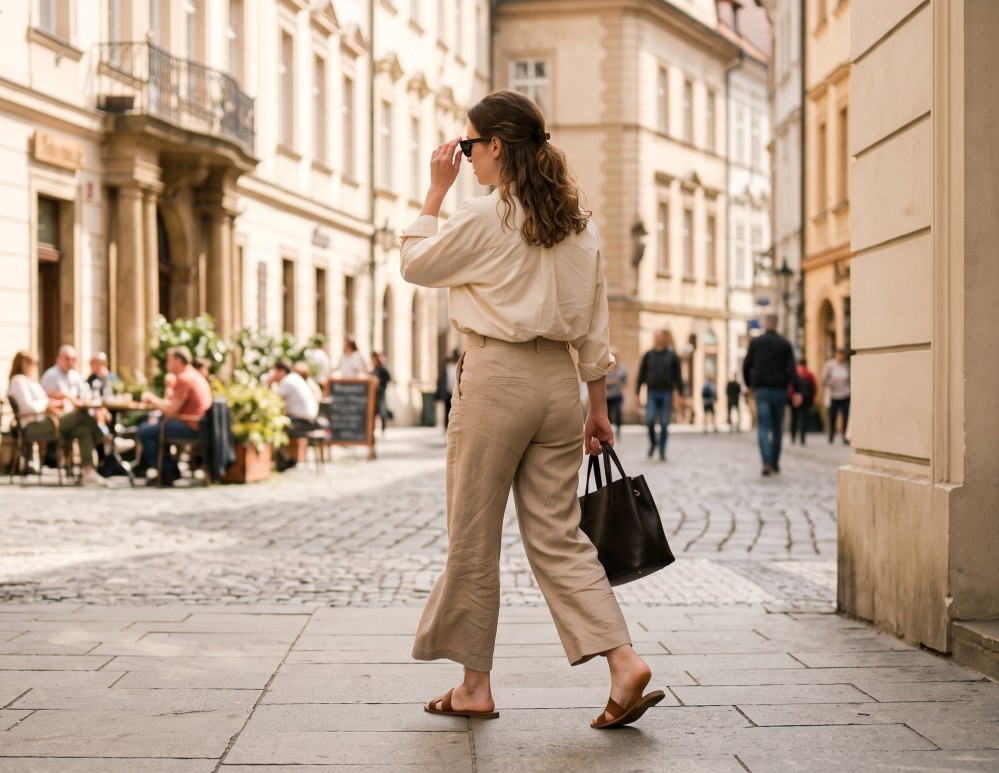 A woman is walking deliberately and lightly down a sunlit city pavement in spring
